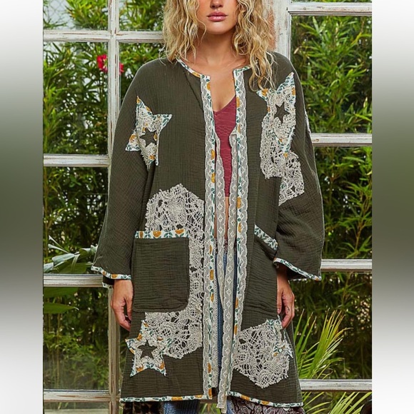 POL Tops - POL Star patchwork kimono crochet pocket Olive sage gray Patchwork Jacket